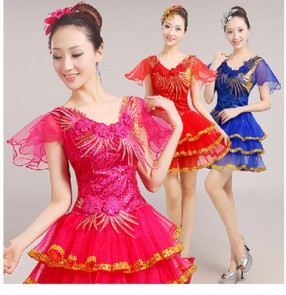Royal blue red fuchsia hot pink sequined women's ladies female  modern dance jazz dance  stage performance dresses outfits